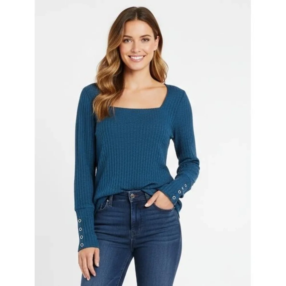 Chaser Amalfi Square Neck Snap Cuff Ribbed Thermal Long Sleeve Tee Size Small